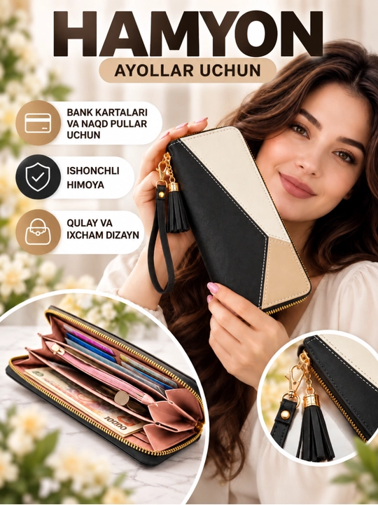 Ayollar hamyoni, ayollar sumkasi, kartalar uchun cho‘ntaklar, koreyscha sumka - 