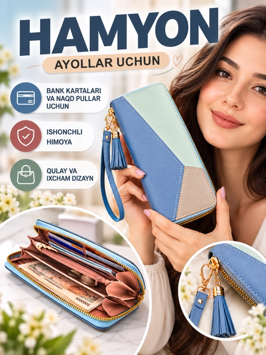 Ayollar hamyoni, ayollar sumkasi, kartalar uchun cho‘ntaklar, koreyscha sumka - 