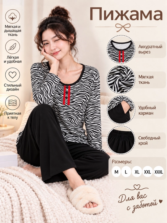 Ayollar pijamasi va uy kiyim viskoza matoli zebra naqshli uzun yengli kofta va shim M–XXXL
