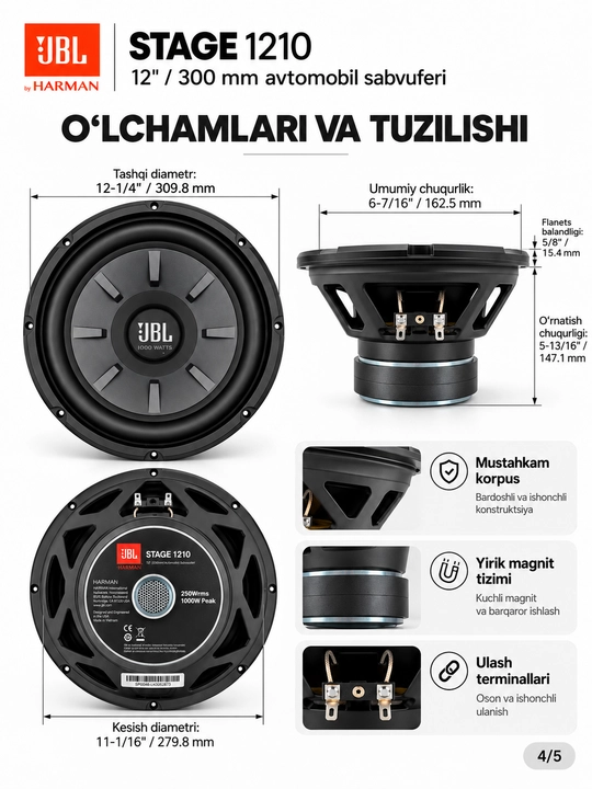 Сабвуфер JBL GT5-S12 1200 Вт, автомобильные колонки, буфер, акустическая система для авто