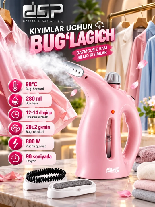 DSP parli dazmol kiyim uchun qo‘l bug‘lagich 800 W, 280 ml - 