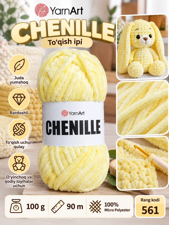YarnArt Chenille yumshoq to‘qish ipi, 100 g, 90 m, 100% mikro poliester - 