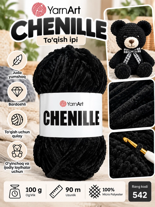 YarnArt Chenille yumshoq to‘qish ipi, 100 g, 90 m, 100% mikro poliester - 