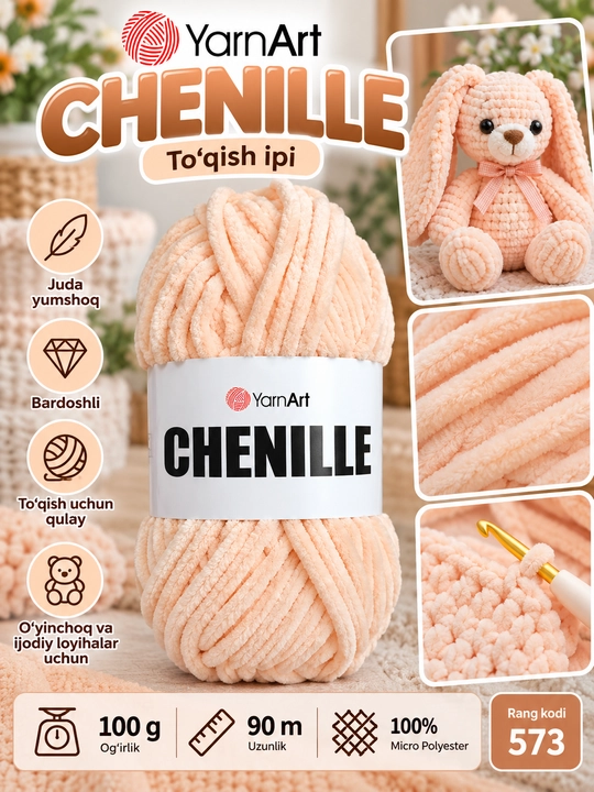 YarnArt Chenille yumshoq to‘qish ipi, 100 g, 90 m, 100% mikro poliester - 