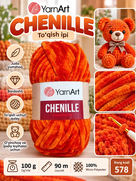 YarnArt Chenille yumshoq to‘qish ipi, 100 g, 90 m, 100% mikro poliester - 