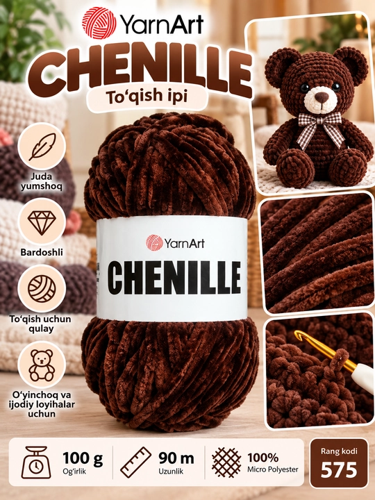 YarnArt Chenille yumshoq to‘qish ipi, 100 g, 90 m, 100% mikro poliester - 