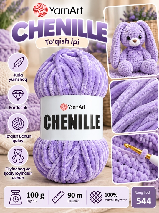YarnArt Chenille yumshoq to‘qish ipi, 100 g, 90 m, 100% mikro poliester - 