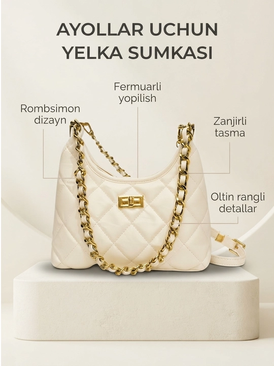 Ayollar uchun yelka sumkasi, zanjirli tasmali, rombsimon dizayn - 