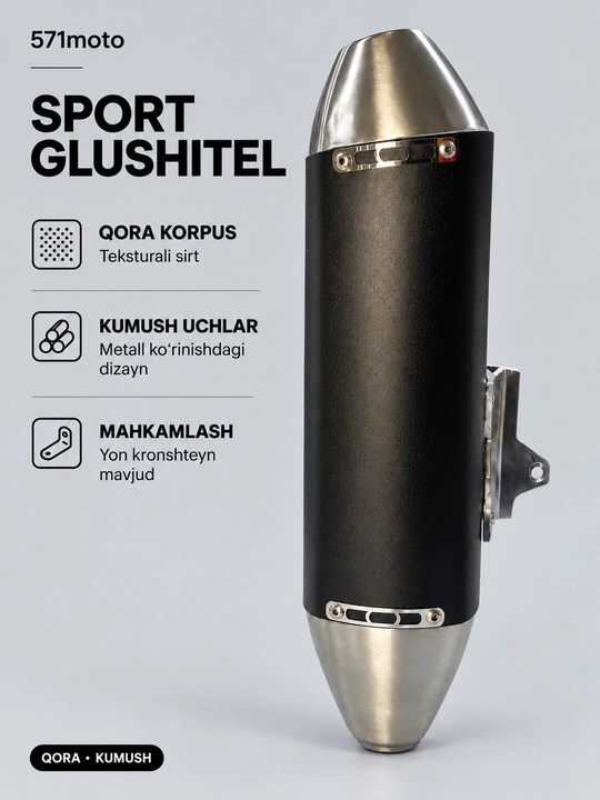 Mototsikl va skuterlar uchun sport uslubidagi glushitel — qora-kumush rang - 