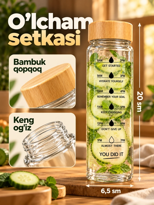 Стеклянная бутылка для воды, 1 л, многоразовая с бамбуковой крышкой и таймером
