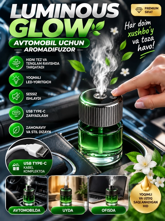 160 ml hajmli avtomobil uchun aqlli aromadiffuzor, yulduzlar proyektori, USB Type-C - 