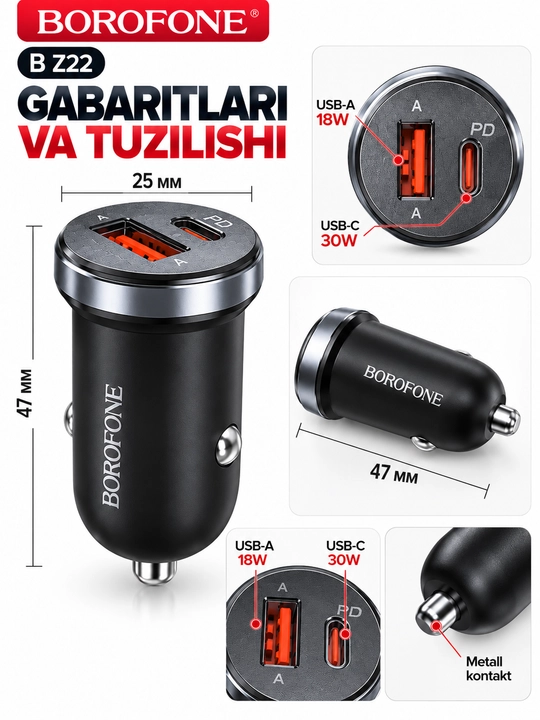 Avtomobil zaryadlovchisi BOROFONE BZ20, 38W, PD20W + QC3.0, 2 portli, 12–24V