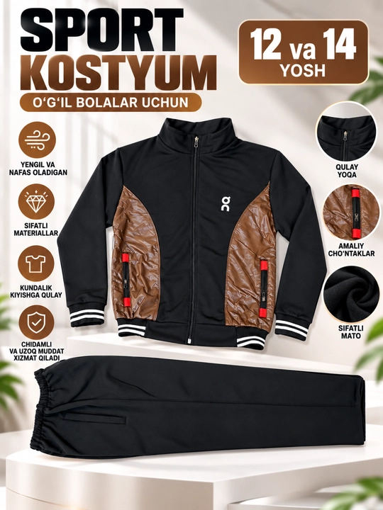 12–14 yosh qishki qalin issiq sport kostyum, o‘g‘il bolalar uchun qora zamokli dvoyka