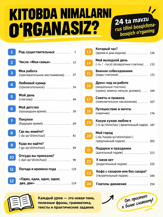 Rus tili darsligi boshlovchilar uchun, rus tilini o‘rganish A1–B1 — Rus tili endi oson
