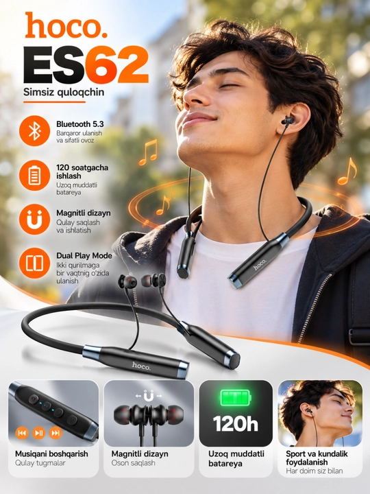 Hoco ES62 bluetooth quloqchin. sd karta ham o'qiydi 120 soatgacha ishlab beradi