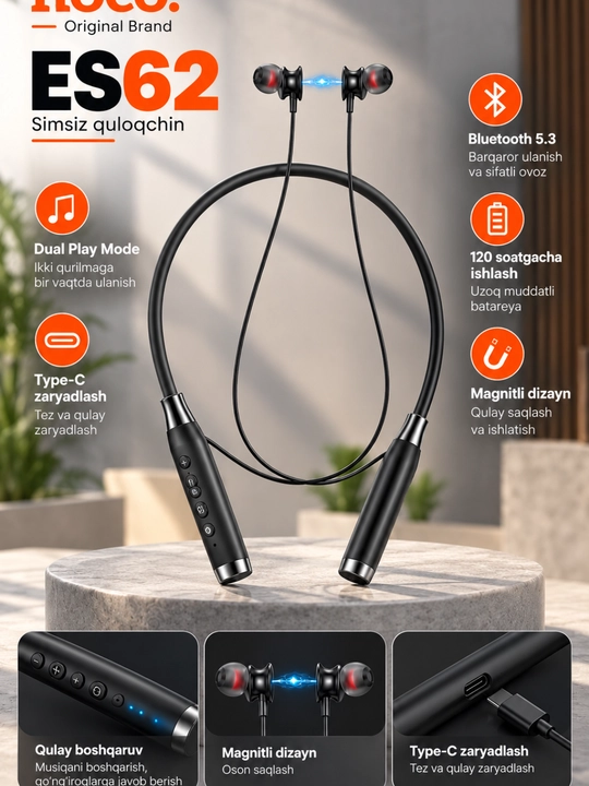 Hoco ES62 bluetooth quloqchin. sd karta ham o'qiydi 120 soatgacha ishlab beradi