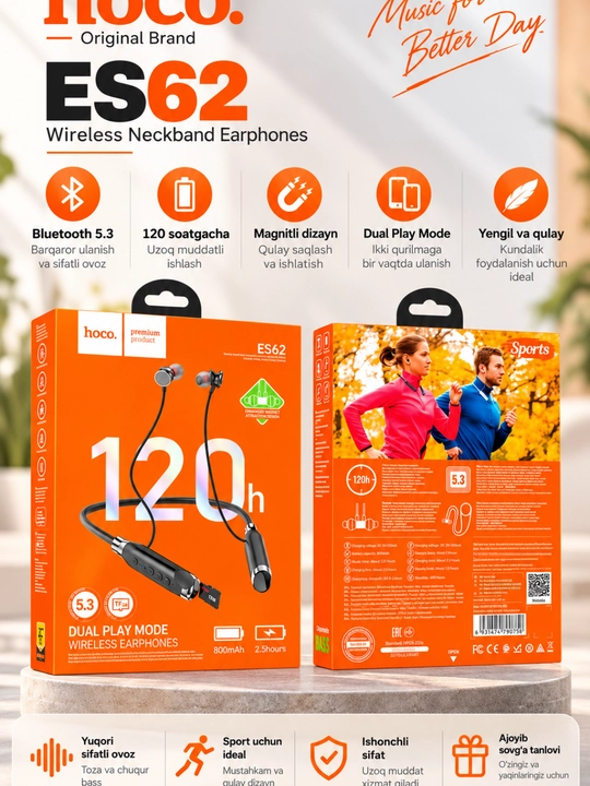 Hoco ES62 bluetooth quloqchin. sd karta ham o'qiydi 120 soatgacha ishlab beradi