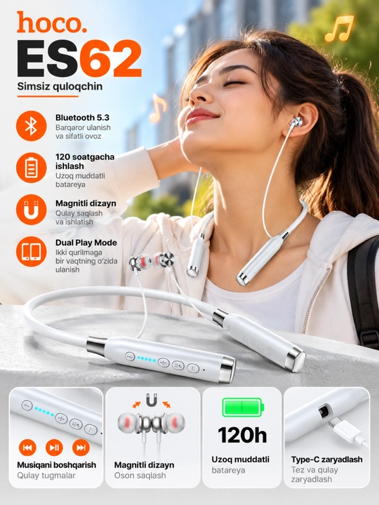 Hoco ES62 bluetooth quloqchin. sd karta ham o'qiydi 120 soatgacha ishlab beradi