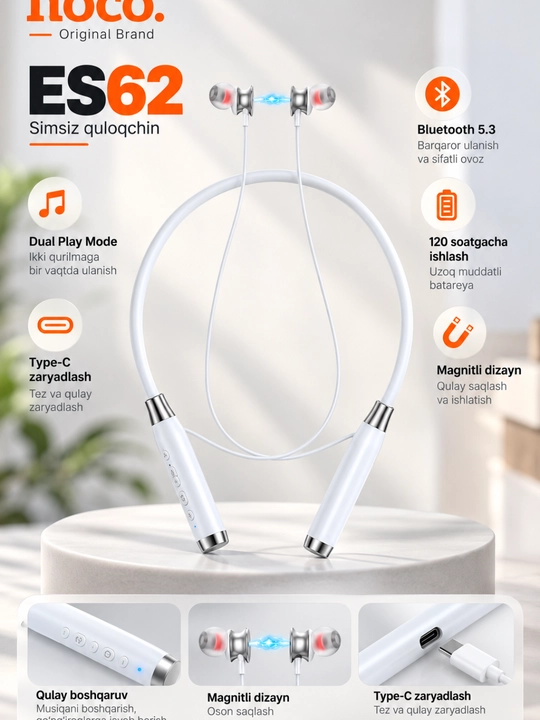 Hoco ES62 bluetooth quloqchin. sd karta ham o'qiydi 120 soatgacha ishlab beradi