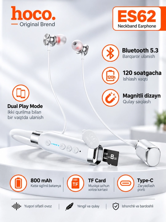 Hoco ES62 bluetooth quloqchin. sd karta ham o'qiydi 120 soatgacha ishlab beradi - 
