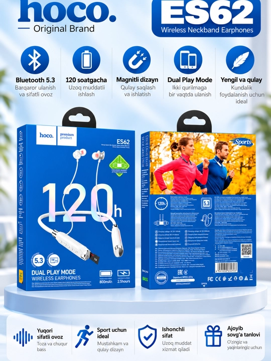 Hoco ES62 bluetooth quloqchin. sd karta ham o'qiydi 120 soatgacha ishlab beradi