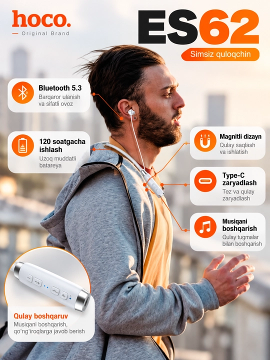 Hoco ES62 bluetooth quloqchin. sd karta ham o'qiydi 120 soatgacha ishlab beradi