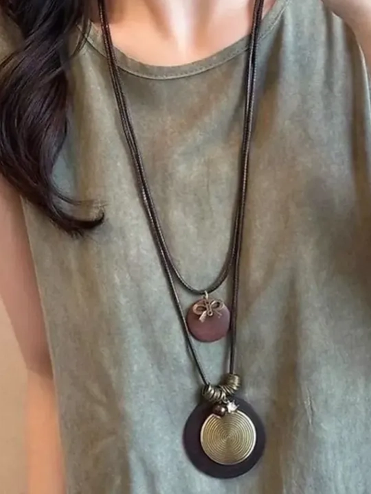Ayollar uchun boho marjon-kulon, vintage uslub, jigarrang shnurli original taqinchoq bezak