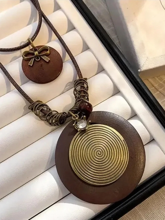 Ayollar uchun boho marjon-kulon, vintage uslub, jigarrang shnurli original taqinchoq bezak
