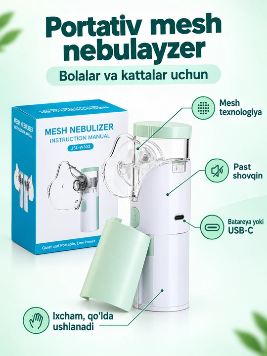 Portativ mesh nebulayzer ingalyator, bolalar va kattalar uchun, USB va batareyada - 