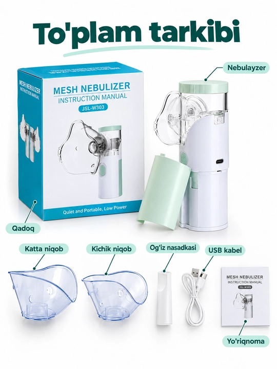 Portativ mesh nebulayzer ingalyator, bolalar va kattalar uchun, USB va batareyada