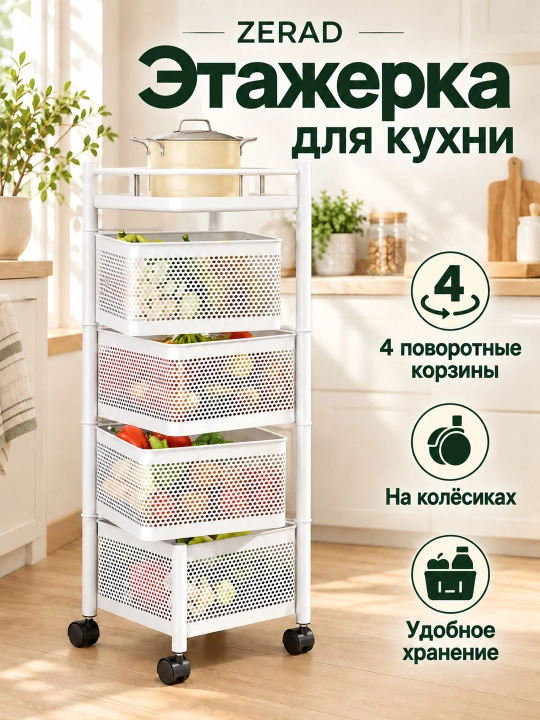 Этажерка металлическая для кухни на колёсиках, с 4 или 5 поворотными корзинами - 