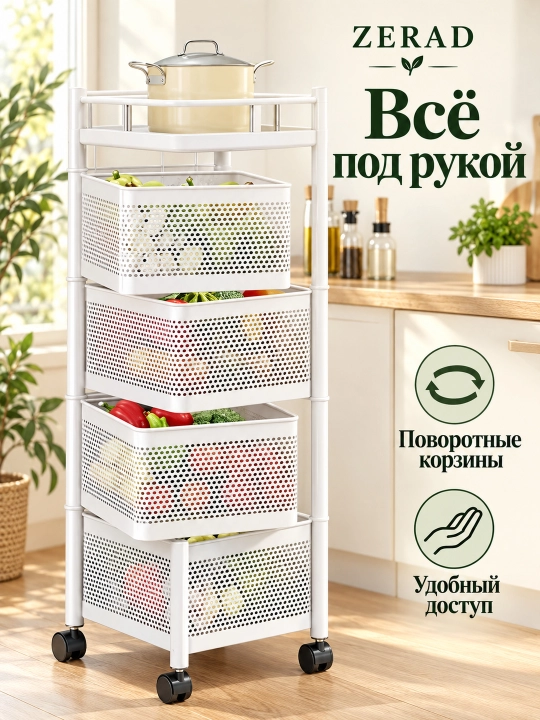 Этажерка металлическая для кухни на колёсиках, с 4 или 5 поворотными корзинами