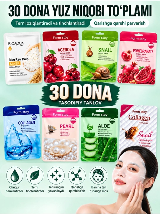 Yuz uchun matoli niqoblar to‘plami aloe, avokado, guruch, kollagen va salyangoz - 