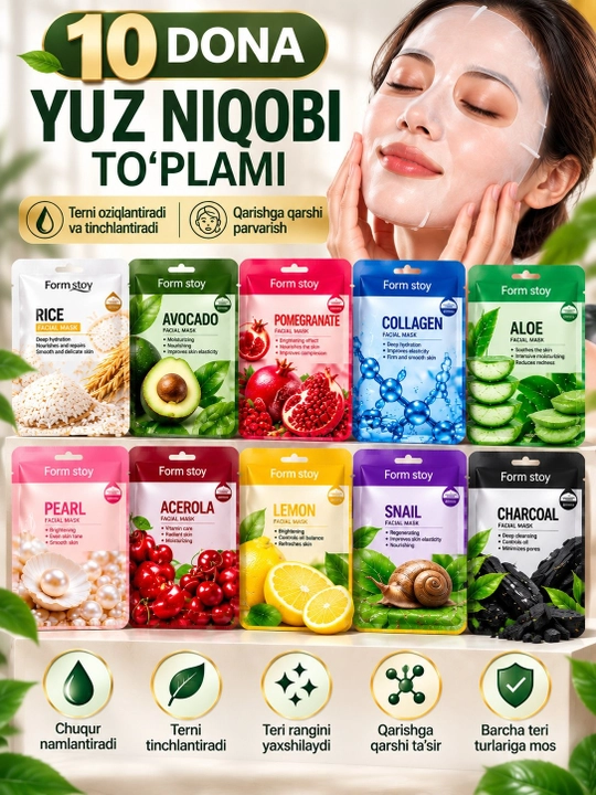 Yuz uchun matoli niqoblar to‘plami aloe, avokado, guruch, kollagen va salyangoz