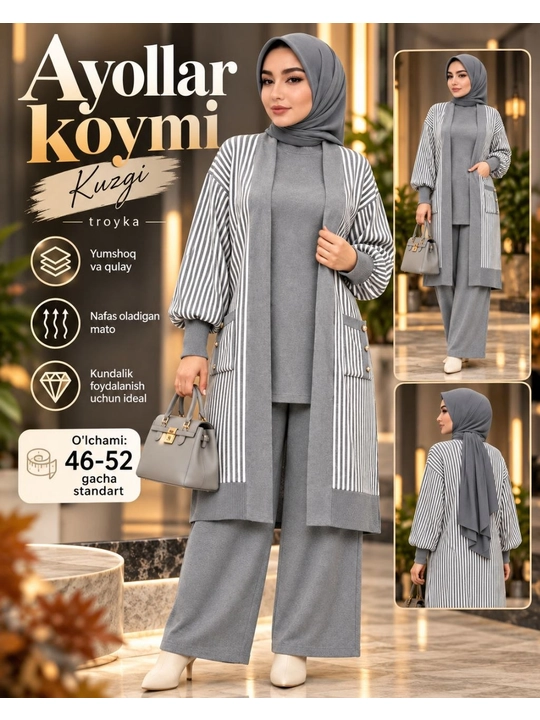 Ayollar kiyimi, ayollar kostyumi, trikotaj kostyum, uchlik kostyum, hijobli kiyim, kostyum - 