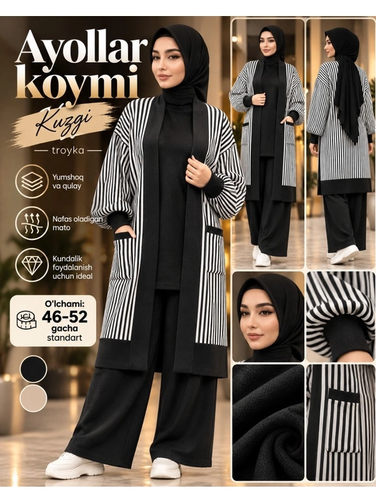 Ayollar kiyimi, ayollar kostyumi, trikotaj kostyum, uchlik kostyum, hijobli kiyim, kostyum - 