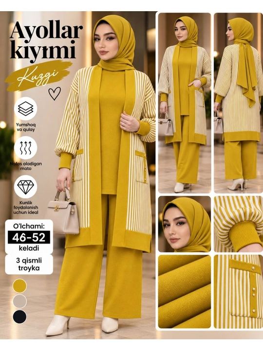 Ayollar kiyimi, ayollar kostyumi, trikotaj kostyum, uchlik kostyum, hijobli kiyim, kostyum - 
