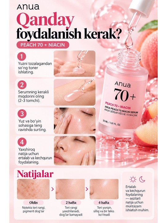 Сыворотка с персиком для гладкой и сияющей кожи Anua Peach 70% Niacin Serum