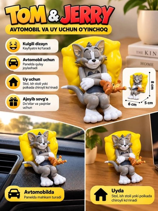 Tom va Jerri antistress o‘yinchog‘i, avtomobil paneli uchun dekor - 