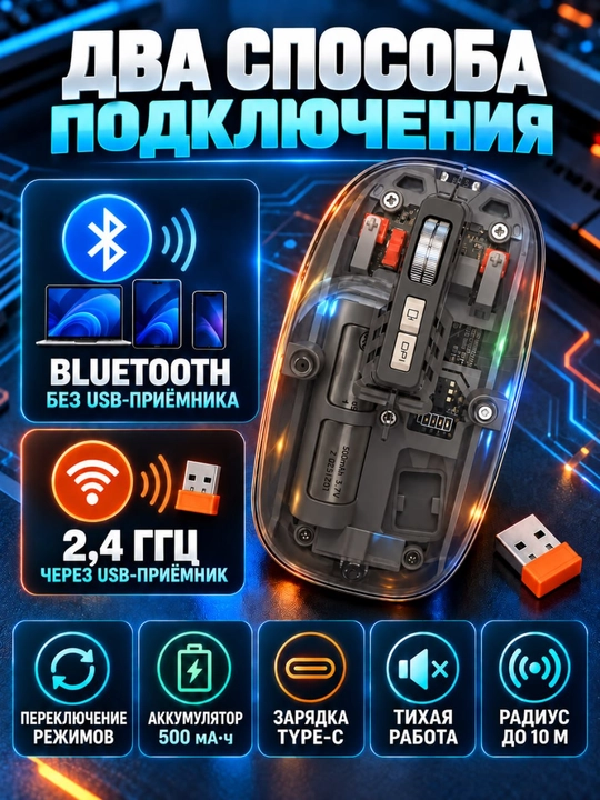 M233 shaffof simsiz sichqoncha, Bluetooth/2,4 GHz, Type-C, ovozsiz tugmalar