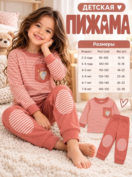 Детская теплая пижама для девочки, комплект с брюками, лонгслив, 3–10 лет - 