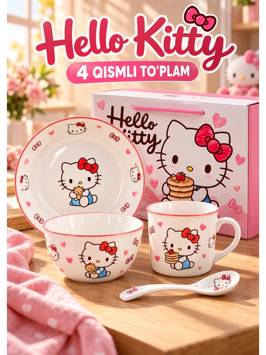 Bolalar idishlari to‘plami, ovqatlanish uchun tarelka, kosa, krujka va qoshiq servis - 