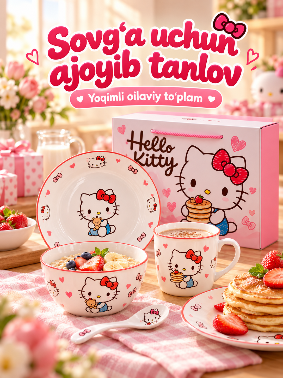 Bolalar idishlari to‘plami, ovqatlanish uchun tarelka, kosa, krujka va qoshiq servis