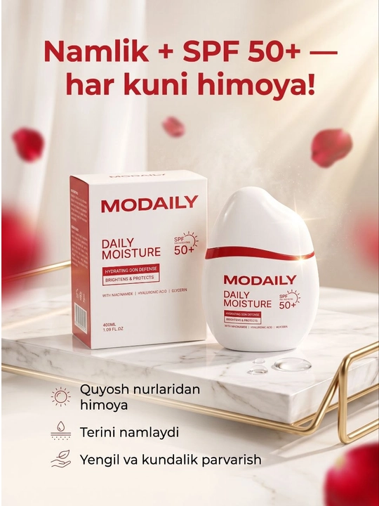 Modaily Daily Moisture SPF 50+ yuz kremi, namlantiruvchi va quyoshdan himoyalovchi