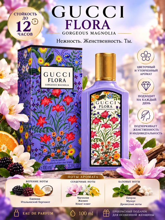 GUCCI FLORA, Gorgeous Magnolia, ayollar uchun hashamatli va elegant atir, 100ml