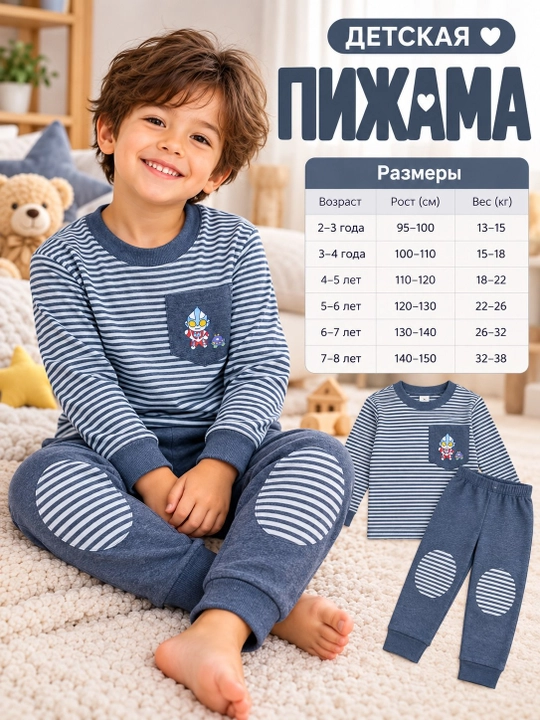 Детская теплая пижама для мальчиков, комплект с брюками, лонгслив, 2–10 лет - 