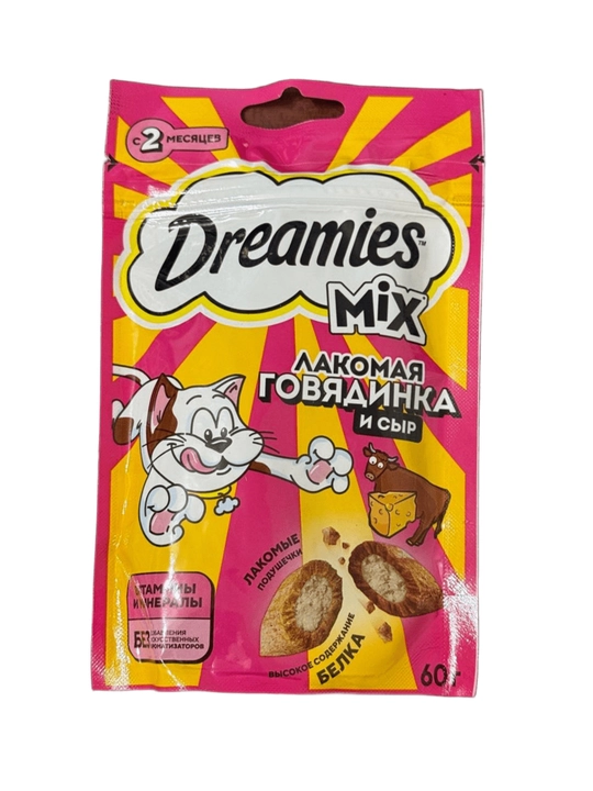Лакомство Dreamies MIX для взрослых кошек, с говядиной и сыром, 60 г