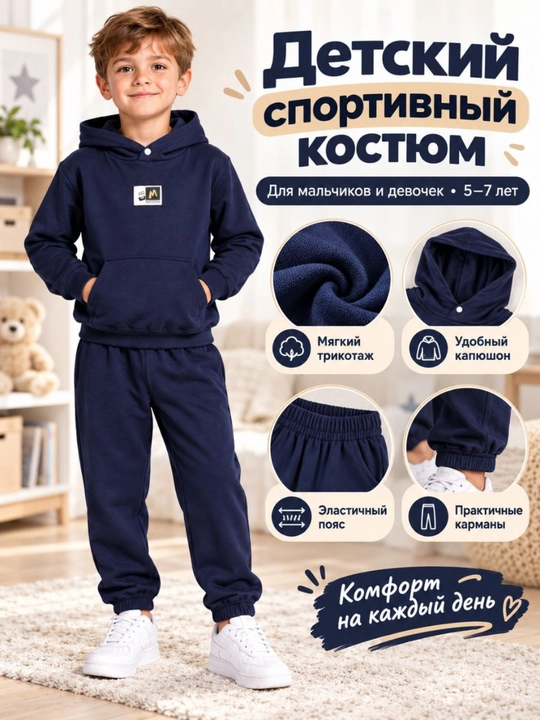 Детский спортивный костюм, худи с капюшоном и брюки, двухниточный трикотаж 5–7 лет - 