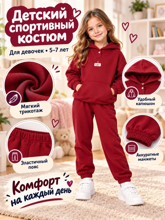 Детский спортивный костюм, худи с капюшоном и брюки, двухниточный трикотаж 5–7 лет - 