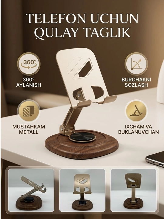 Telefon va planshet uchun metal tutgich 360 gradus aylanuvchi mexanizmli - 